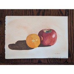 Vtg Still Life Watercolor 8×12 Fruit Apple Orange Signed Teri Banas Minimalist