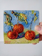 Cherries Impasto Painting Original Art Impression Oil Painting 3.8 x 4.1 in