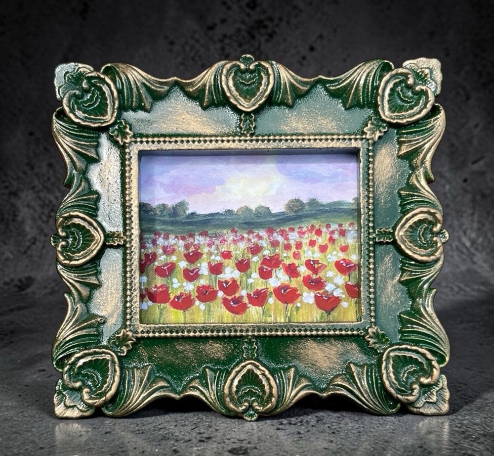 Red Poppy field landscape pink purple cloudy sunset sky mini art print framed