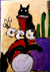 ORIGINAL ACEO PAINTING WOMAN CAT BLACK KITTEN Miniature Card By Carole Collins