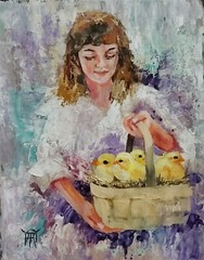 YARY DLUHOS Girl Chicken Chicks Basket Figure Portrait Original Art Oil Painting
