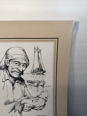 Print Sketch Algarve Portugal Fisherman Signed Julio Amaro P14
