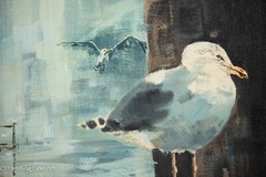 Vintage Karen Rinaldo Impressionist Oil Painting Seagulls on Pilings Cape Cod MA
