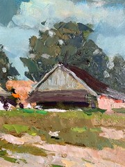 Oil painting Chickens graze Ukrainian painter Canvas Unframed original landscape