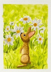 ACEO Original Art-Bunny Rabbit Forest Animal Spring Flower-2.5”x3.5” CCCArt_MJ