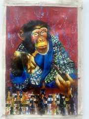 Beautiful Original Colombian Oil Hand Painting Monkey Playing Chess 1 Of A Kind