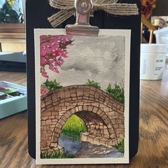Donna Hawk ACEO Original Watercolor Stone Bridge River Flowers Signed Unframed