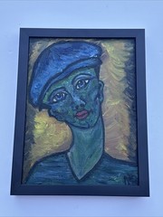 MID CENTURY PAINTING PORTRAIT SIGNED MYSTERY ARTIST BLACK YOUTH BOY MAN VINTAGE