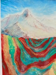 Original Oil Pastel Painting Rainbow Mountain With Snow Peak 5×7 by Alisa Maksy