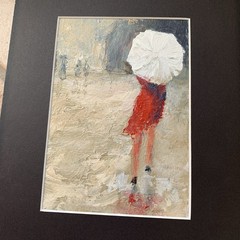 Lady In The Rain Original Acrylic Art Painting Woman Umbrella Red Dress 6.5×4.5”