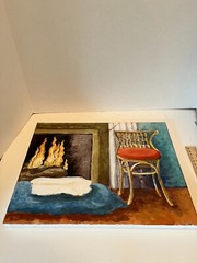Painting of a chair by a fireplace Folk Art unsigned Acrylic Ready to frame