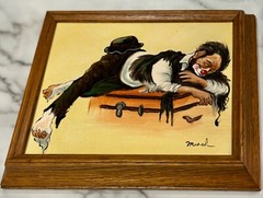 Vintage Original Clown Canvas Oil Painting in Frame, Artist Marsh – SIGNED