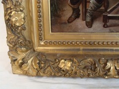 Antique 19C P Desalos Genre Family at Table O/C Painting