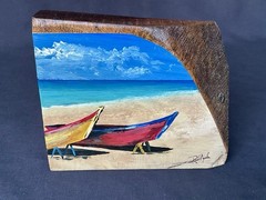 Painting On Wood 4.5″x 5.5″ Signed Folk Art Tropical Boat Scene Coastal Decor