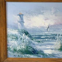 Vintage Seascape Oil Painting Signed Lighthouse Beach Waves Coastal Art