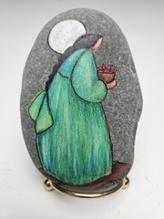Original Art Painting Stone of Woman Gathering Peppers And Moon by Gloria Larsen
