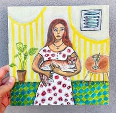 ORIGINAL Oil Painting Woman with Cat Interior Home Scene Domestic Martini Fish