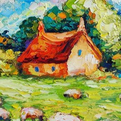 original oil painting Irish Cottage Sheep Landscape Impasto wall art 8*8 inch