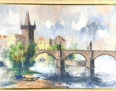 Jaroslav Kotas (1909-) Oil Painting „Charles Bridge, Prague“ Czech Impressionist
