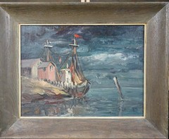 „Harbor Dusk“ Oil on artist board–fishing boats at anchor