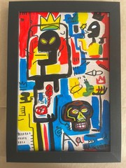 BASQUIAT Drawing and painting on antique wood, signed and sealed, framed in wood