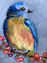 ACEO Original Painting Bluebird Bird Nature Art Miniature OOAK Blue Bird Berries