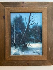 WINTER FOREST SCENE original oil on canvas Painting 15″ x 11″ 1981 + Wood Frame