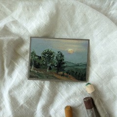 Original ACEO Moon Landscape With Trees Impressionist Nature Oil Pastel Painting