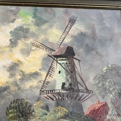 Framed Dutch Windmill Landscape Oil Painting River Cottage Unknown Artist Bently