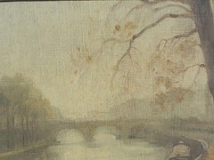 French School old impressionist painting Seine River bridges Paris signed Metot?