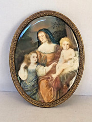Antique Hand Painting Of Woman with Kids on Natural Material in Bronze Frame