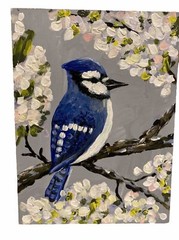 Blue Jay Bird Oil Painting Original Ukraine Cottage Core 7.75” X 6”