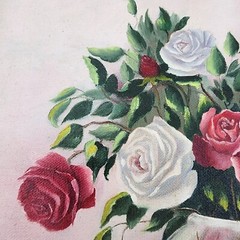 Vintage MCM Oil Painting Roses Floral Still Life Pink Elephants Signed SCP Frame