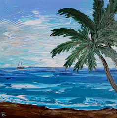 Sailboat Palm Trees Oil Seascape Original Painting Artwork Ocean Sunset 6 х 6 in