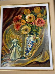 B Zoole „Still Life With Flowers And Statue Scene“ Oil Painting – Signed/Framed