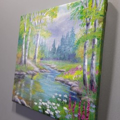 Summer Peace Landscape Acrylic Painting River Forest Nature Canvas Artwork 8×8
