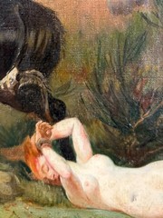 Antique Painting Oil Canvas Woman Frame Wood Nude Horse Decor Queen Brunehaut