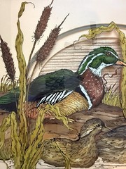 Vintage Reverse Glass Painting Wood Ducks And Cattails 22 1/2 X 17 1/2 Framed