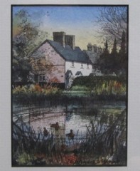 DEBORAH REHMAT MINIATURE WATERCOLOR: HERTFORDSHIRE WOOLMER GREEN VILLAGE POND