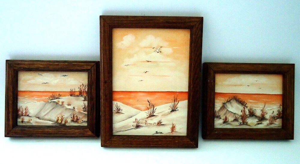 3pc Artist Sara JL.Amanl Oil Painting Dune Beach Seagulls Lake Front Waves 8×6″