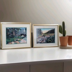 Vintage Fork Laramie National Park Pastel Painting, Gold Framed Wall Art Set