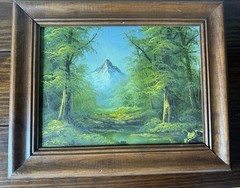 Vtg Original Painting Canvas Valley Mountains Forest Wooden Frame 20”x18” Scenic