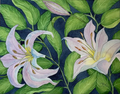 PAINTING WATERCOLOR ART LILY FLOWERS PURPLE BLUE 11X14 & DOUBLE WHITE MAT 16X20