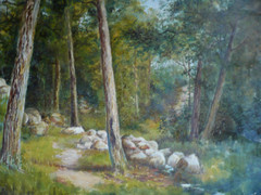 G.F. CASTLEDEN, LISTED ANTIQUE OIL, BIRTLE MANCHESTER ENGLAND SPRING LANDSCAPE