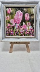 Original autographed oil painting in a frame. Tulips. Impressionism. 4×4 inches.