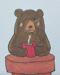 GAT Original Art ACEO ATC Miniature ACRYLIC Brown BEAR drinking warm drink