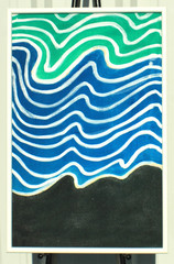 Mid Century Abstract Green Blue White And Black Waves Oil Painting Unsigned