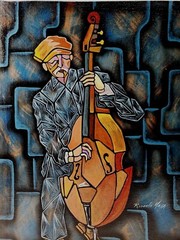 Ricardo Maya Acrylic Painting of Double Bassist Abstract Expressionist Moody