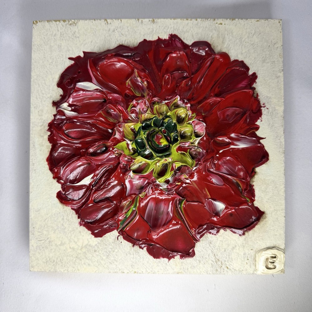 Original Eddie Powell Acrylic Red Dahlia Flower Painting On Wood Signed 7 x 7 in