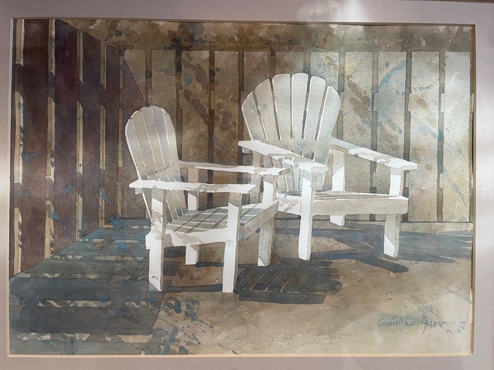 Original Gloria Miller Allen Watercolor – „Adirondack Chairs“ (1988) – Signed, M